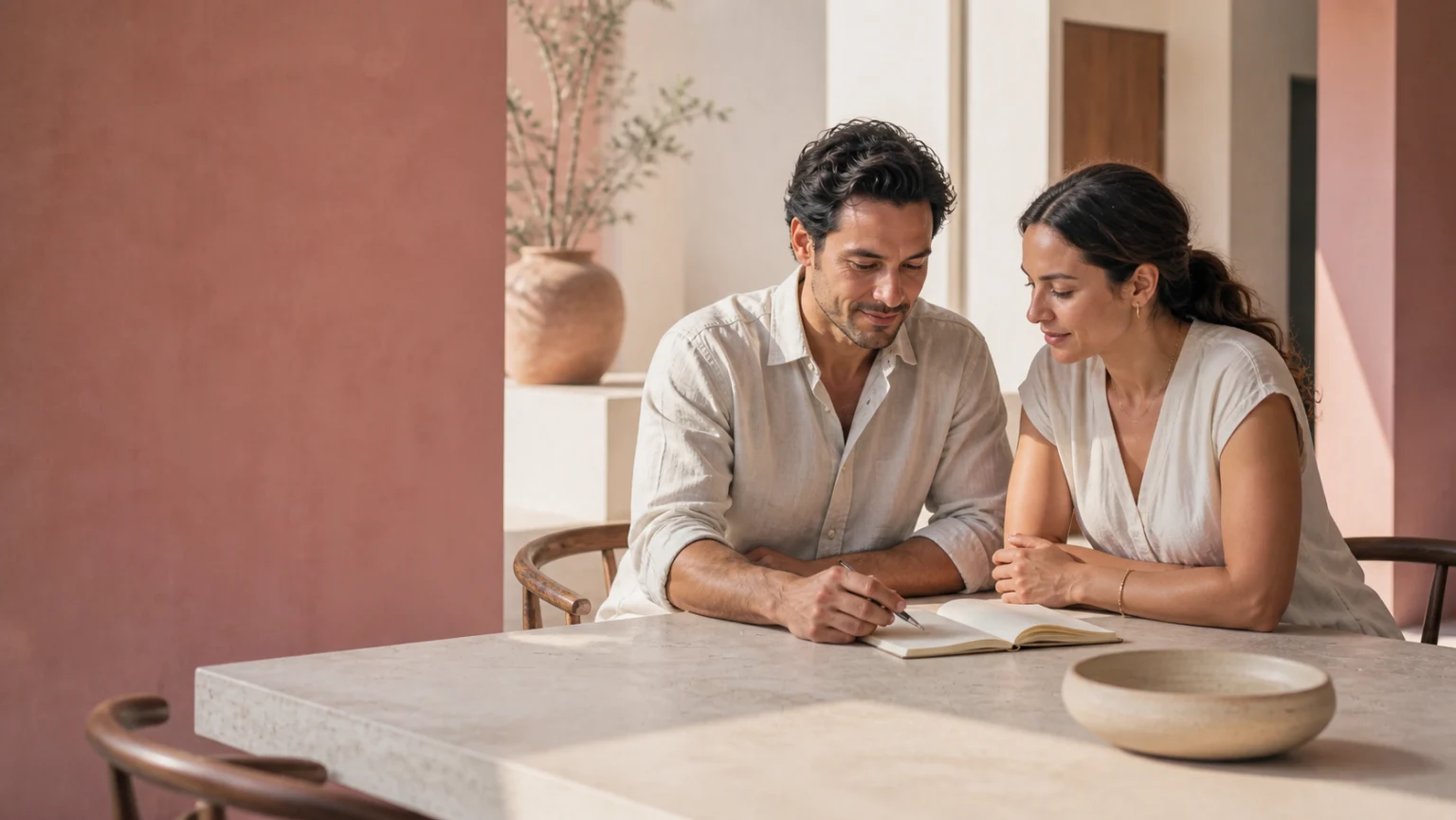 Couple talking and reviewing notes at home