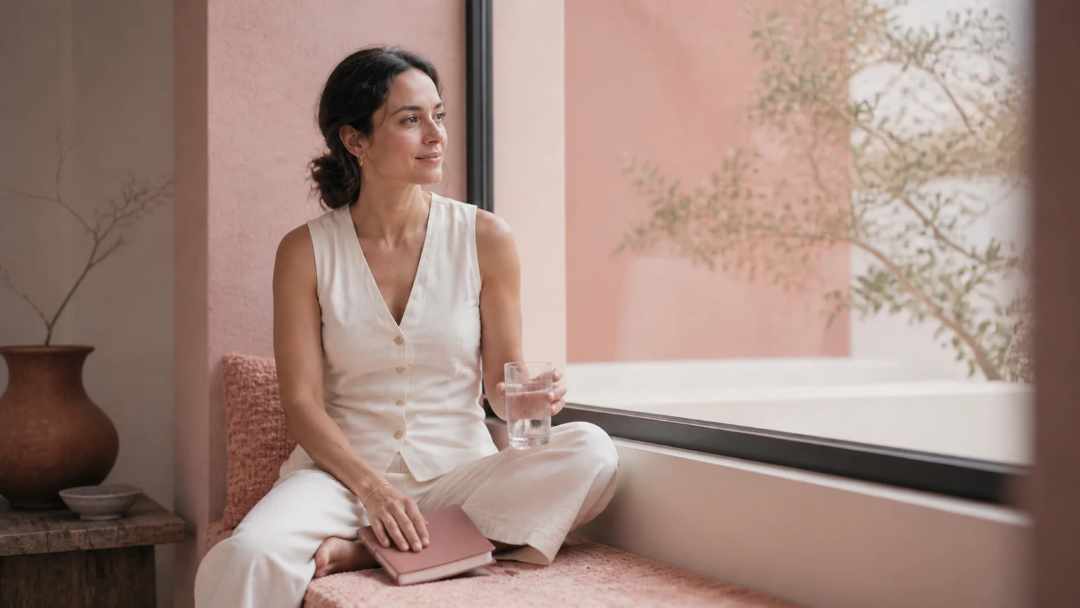 Mujer reflexionando con calma junto a una ventana