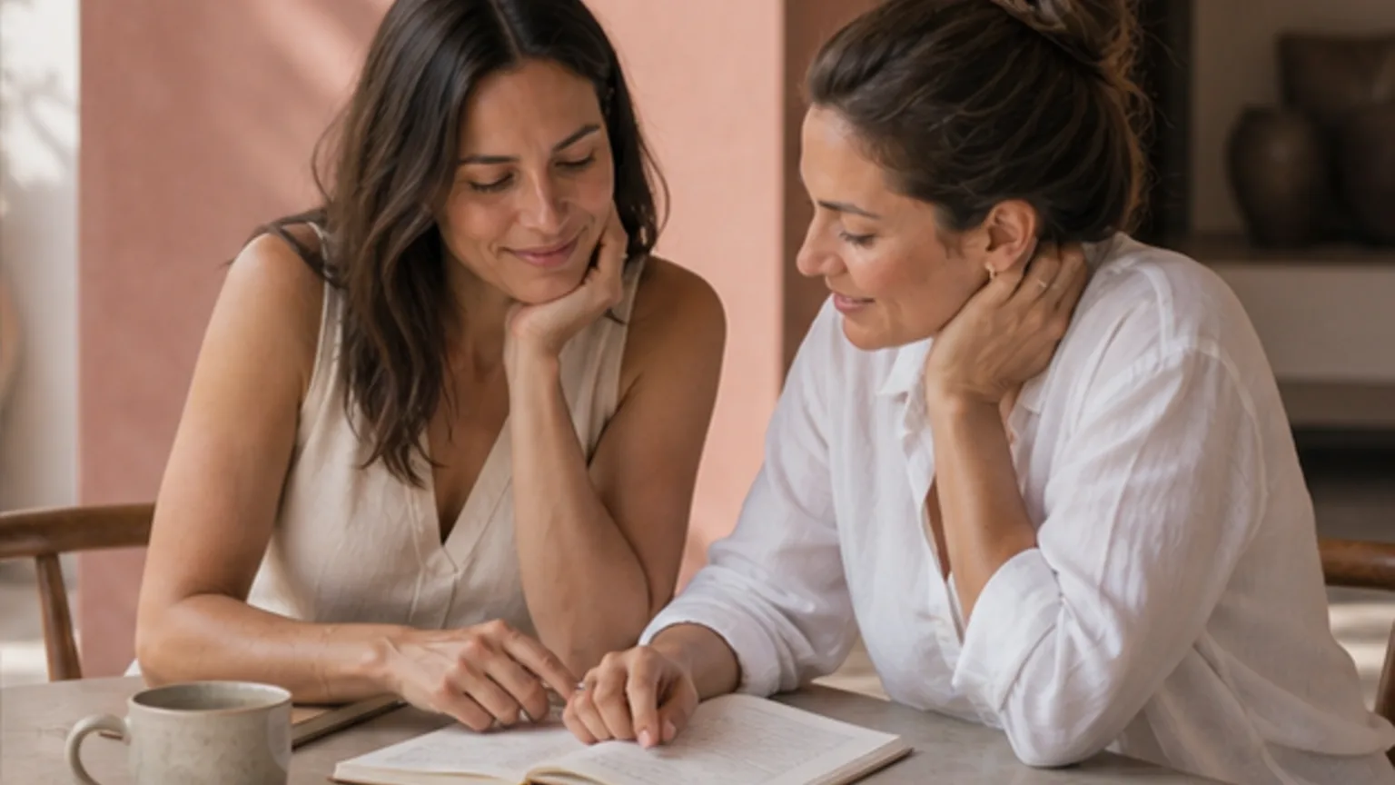 Pareja de mujeres revisando juntas sus opciones