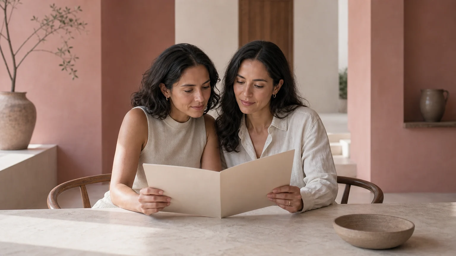 Pareja de mujeres revisando información para formar una familia