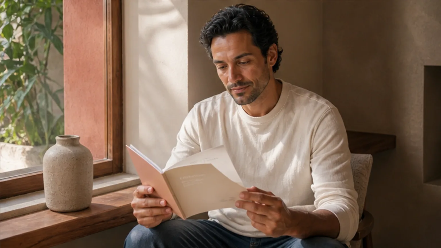 Man reading fertility information at home
