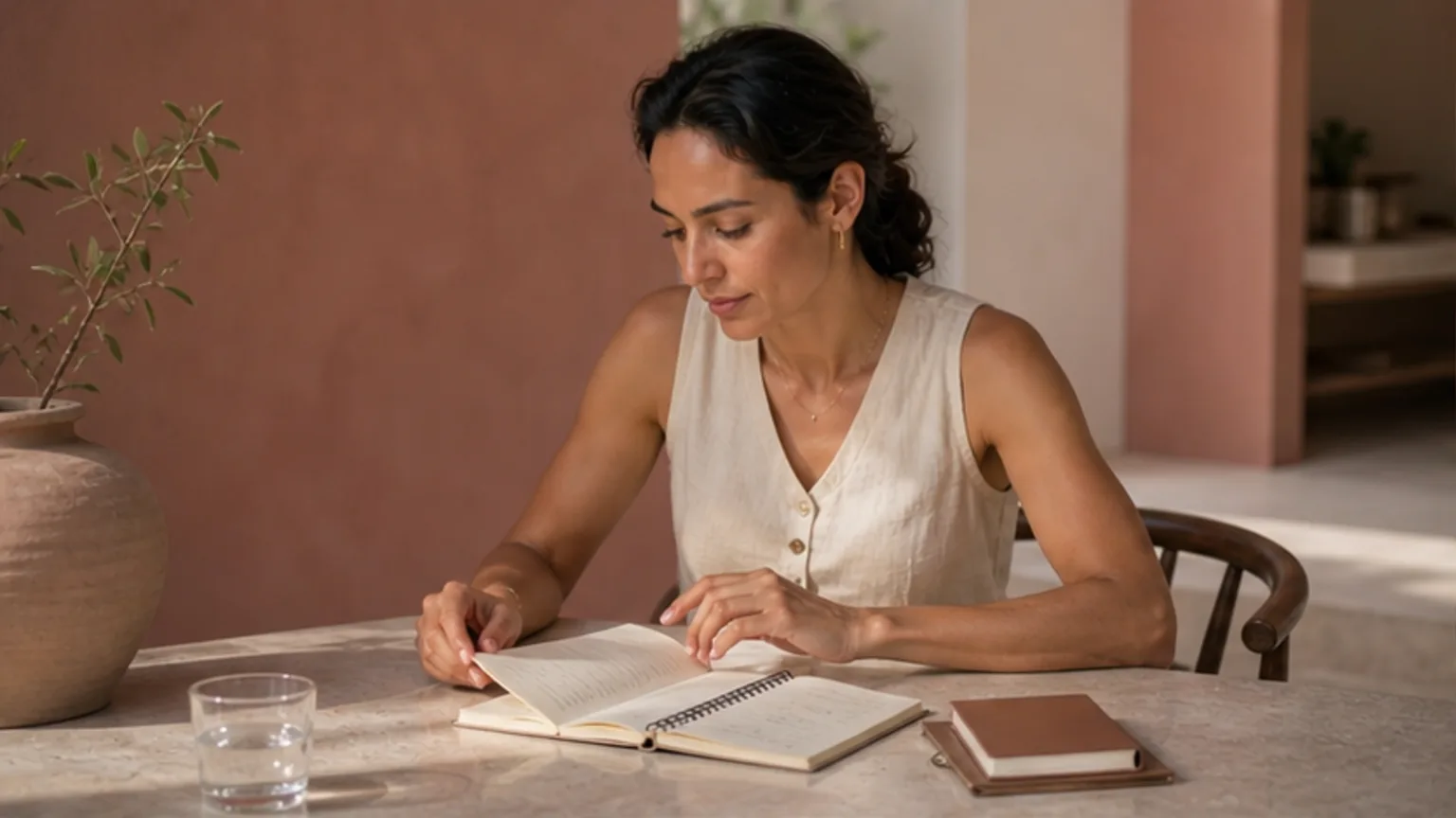 Mujer organizando sus preguntas y opciones con calma