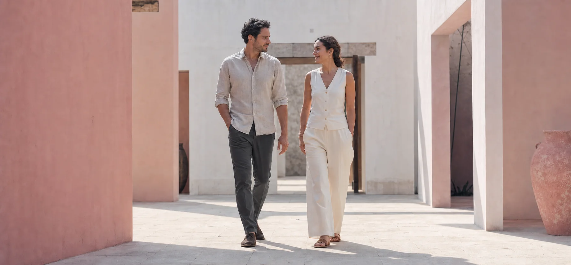 Dos personas caminan juntas por un patio mexicano contemporáneo